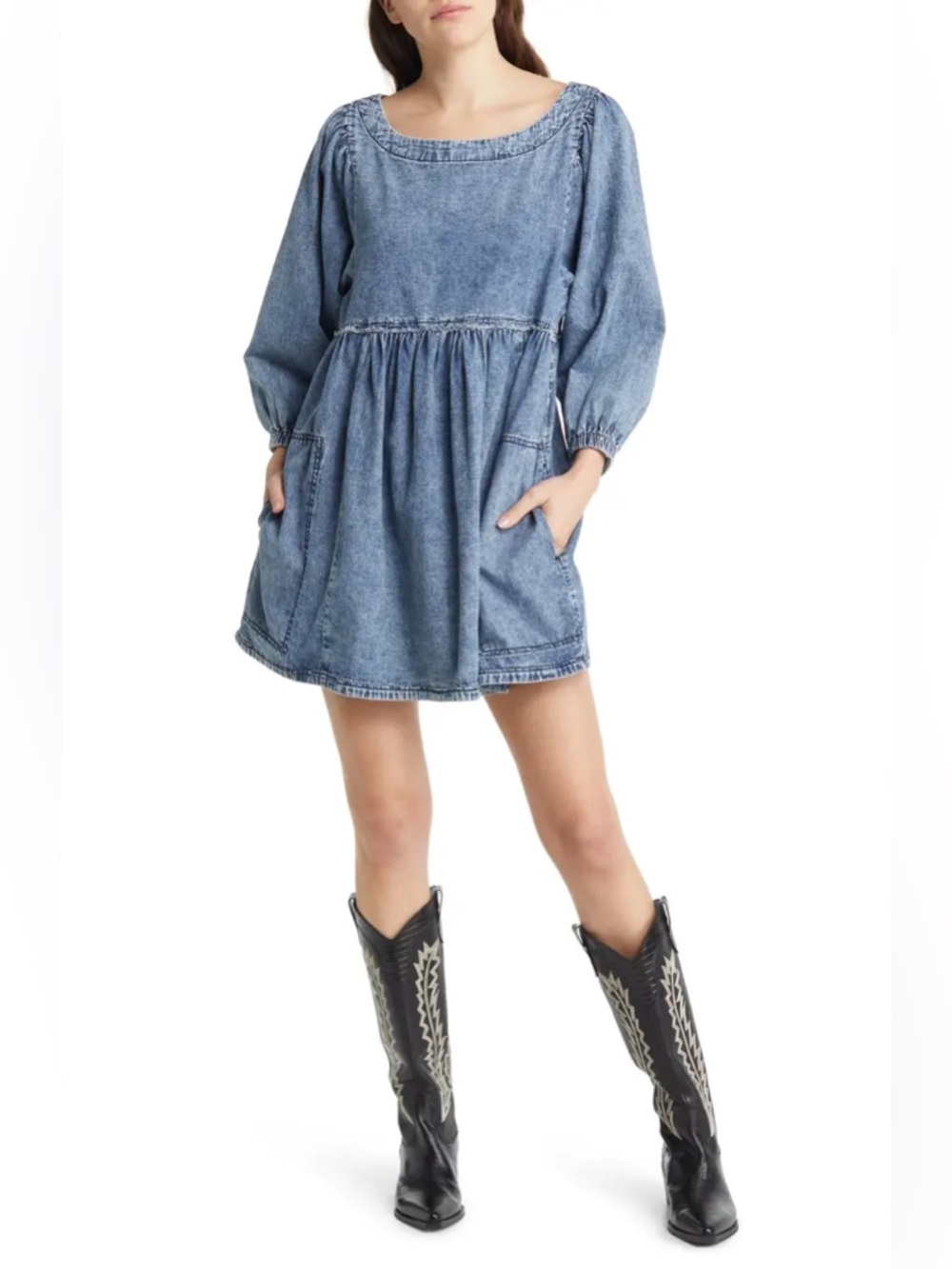 Free People Get Obsessed Babydoll Mini dress in Blue Chambray Size S